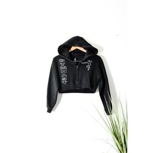 A.M. Gymnast Cropped Hoodie Women Small Black Modern Rhinestone Zip Up